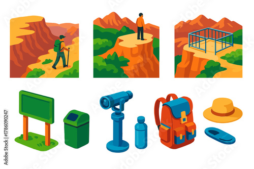 Vibrant Mountain Hike. Isometric vector illustration set Mountain landscapes – canyon rim hike, lookout point, safety railing;