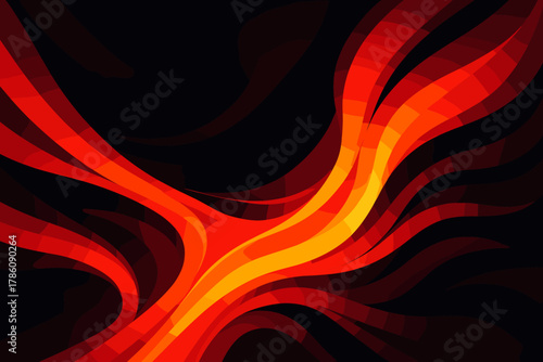 Vivid Light Ribbons. Abstract flow of bright red and orange light ribbons blending into dark shadows, bold and vector illustration