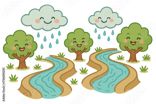Joyful Swale Landscape. Swale design illustrated as happy winding ditches, trees cheering along the edges, and rainclouds smiling