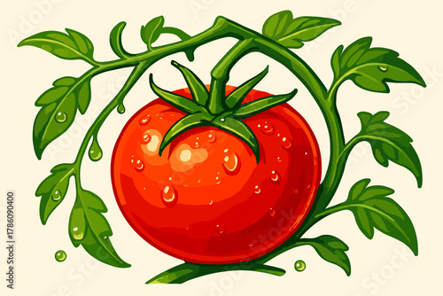 Vibrant Tomato on Vine. Fresh red tomato resting on a vector illustration green vine with water droplets, vibrant natural lighting