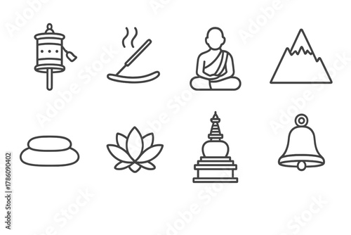 Sacred Retreat Icons. Line style icons of Sacred Retreat: Prayer Wheel, Incense, Monk, Mountain Peak, Meditation Cushion, Lotus