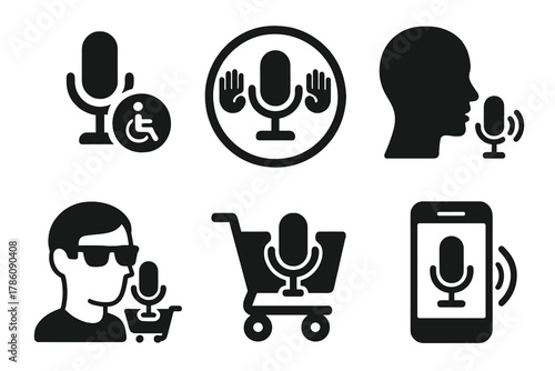 Voice Commerce Accessibility Icons. Solid style icons of accessibility in voice commerce: voice icon with accessibility symbol,