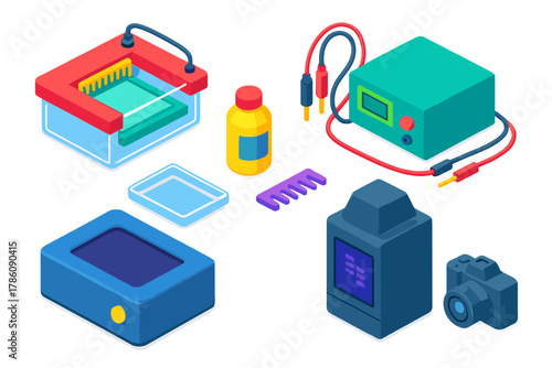 Colorful Science Lab Equipment. Isometric vector illustration set Science lab equipment – electrophoresis tank, gel tray, comb;