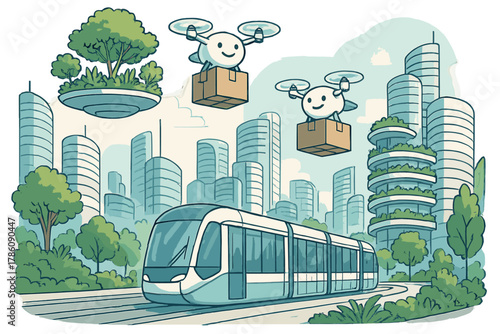 Floating Gardens Futurism. Future urban vision with floating gardens, smiling drones carrying packages, and trams gliding quietly