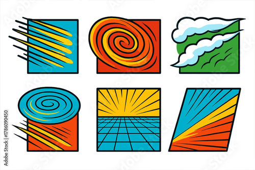 Dynamic Comic Elements. Isometric vector illustration set Comic book elements – speed lines cluster, swirl motion, whip pan blur;