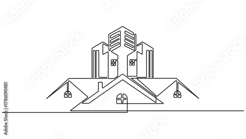 Continuous one line drawing of Building architecture. Single line drawing illustration of Smart building architecture. Building architecture property isolated minimalism concept. Editable outline