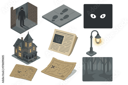 Urban Legends Mysteries. Isometric vector illustration set of Urban legends: shadowy figure in alley, mysterious footprints,