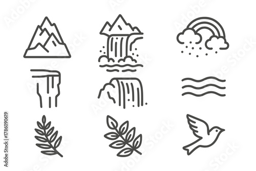 Mountain Waterfall Icons. Line style icons of Mountain Waterfall: Alpine Rock, Plunge Pool, Mist, Rainbow, Cliff Face, Fern,