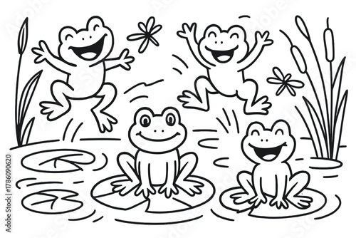 Frogs Frolic in Pond. Happy frogs jumping in a pond with lily pads, dragonflies, and reeds swaying in the breeze, black and white