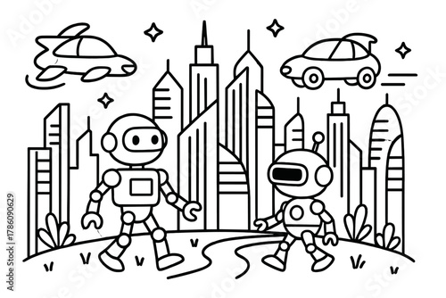 Futuristic Cityscape Coloring. Futuristic city with flying cars, robot citizens, and tall buildings reaching the stars, black and