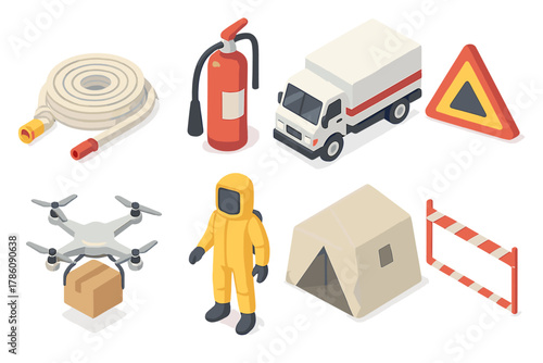 Disaster Relief Tools. Isometric vector illustration set of Disaster relief: high-pressure hose, fire extinguisher, community