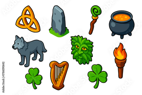 Celtic Symbols and Icons. Isometric vector illustration set Mythology and folklore – Celtic knot, standing stone, druid staff;
