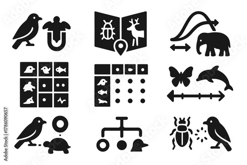 Species Comparison Icons. Solid style icons of comparative species studies: bird vs turtle magnet symbol, insect vs mammal field