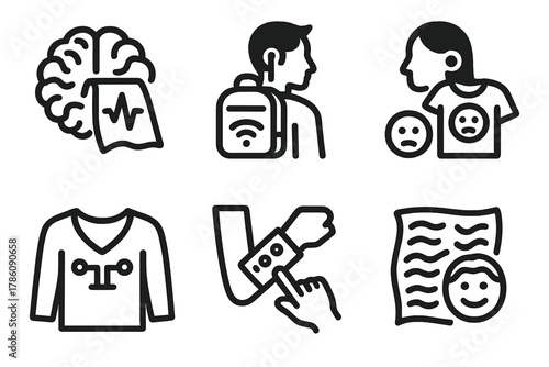 Brain-Computer Fashion Icons. Line style icons of Brain-Computer Fashion: digital textile pulse, focus-reactive backpack,