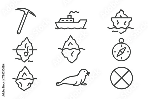 Adventure Iceberg Icons. Line style icons of Adventure Iceberg: Ice Pick, Ship, Floating Ice, Calving, Tip, Underwater Mass,