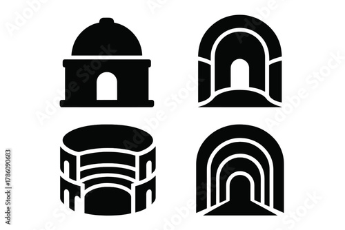 Resonant Architectural Icons. Solid style icons of resonant architectural forms: domes, apses, circular halls. Curved walls,
