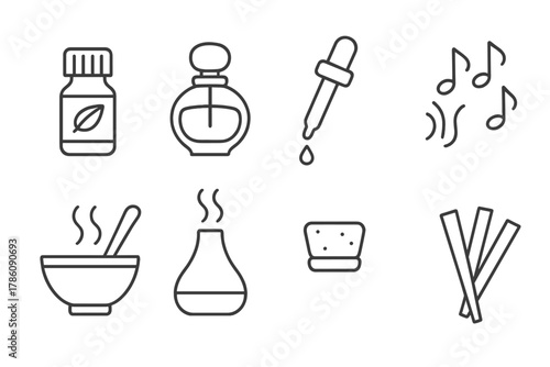 Perfumery Line Icons. Line style icons of Perfumery: Essential Oil, Scent Bottle, Pipette, Notes of Fragrance, Mixing Bowl,