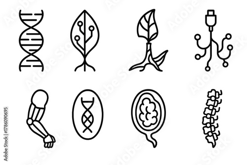 Bio-Punk Icons. Line style icons of Bio-Punk: DNA Sequence, Organic Circuit Board, Living Ship Mast, Neural Interface Cable,