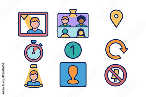 Virtual Meeting Icons. Isometric vector illustration set Virtual meetings – participant spotlight, highlight frame, nameplate