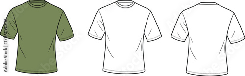 Basic crew neck t-shirt front and back view, olive green and white color, fashion flat sketch, apparel vector design