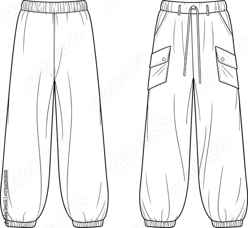 Jogger pants front view technical sketch, elastic waistband, flap pockets, fashion flat drawing, apparel vector design template for menswear