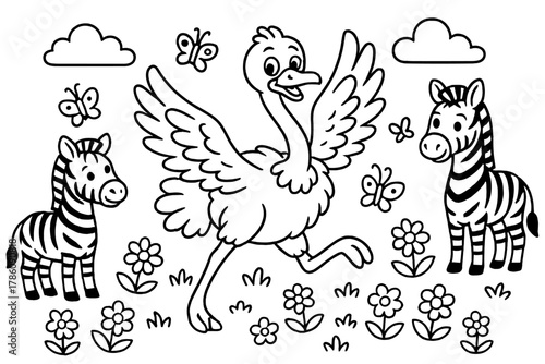 Whimsical Ostrich Adventure. Whimsical ostrich running with wings spread wide while zebras, flowers, and butterflies appear in the