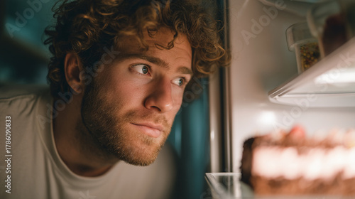 A man with curly hair looking into a refrigerator with food inside at night in a bright light