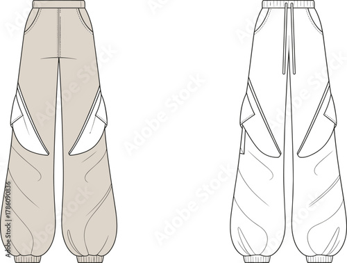 Cargo pants front view technical sketch, beige color with flap pockets, fashion flat drawing, apparel vector design template for menswear