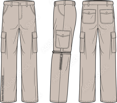 Cargo pants front, side, back view, beige color, flap pockets, zipper detail, fashion flat sketch, apparel vector template