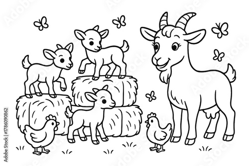 Goat Kids Climbing. Curious goat kids climbing on hay bales while their mother goat smiles nearby, with chickens and butterflies