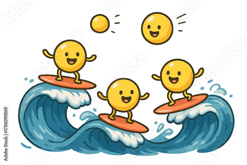 Photon Surf Adventure. Wave-particle duality illustrated as cheerful photons surfing waves while also bouncing as marbles No text,