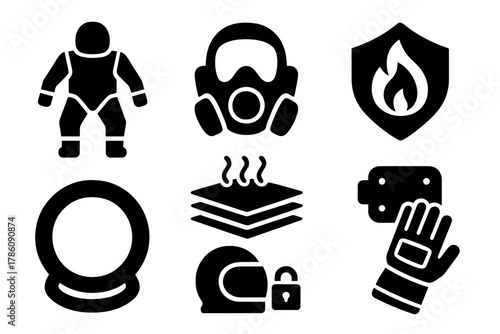 Space Dive Gear Icons. Solid style icons of space dive safety gear: impact suit glyph, breathing mask icon, thermal badge. Shock