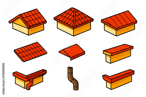 Vibrant Roof Designs. Isometric vector illustration set Roofing – gabled roof, hip roof, shed roof; roof tile, ridge cap, eave