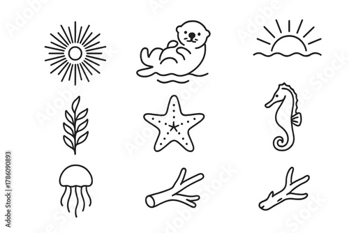 Kelp Forest Icons. Line style icons of Kelp Forest: Sea Urchin, Sea Otter, Sunbeam, Kelp Frond, Starfish, Seahorse, Jellyfish,