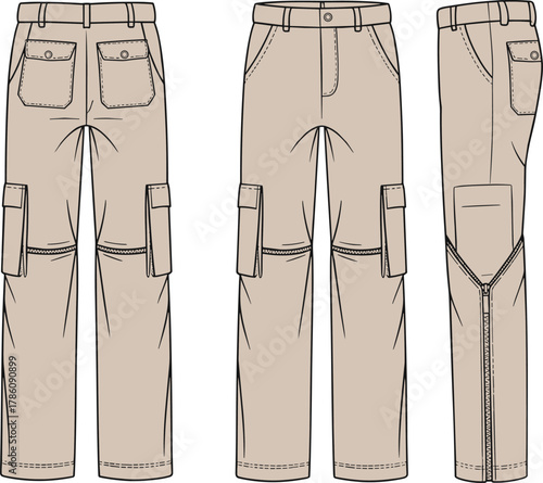 Cargo pants front, back, side view, beige color, flap pockets, zipper seam detail, fashion flat sketch, apparel vector template