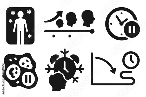 Cryonics and Aging Icons. Solid style icons of cryonics and aging: youthful silhouette freeze icon, anti-aging timeline, clock