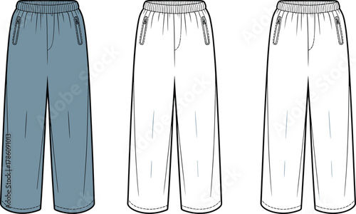 Elastic waist pants, fashion CAD drawing, technical flat sketch, vector illustration, zippered pockets, stitching details, blue and white design