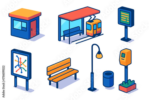 Public Transport Isometric Design. Isometric vector illustration set Public transportation – tram stop kiosk, seating shelter,