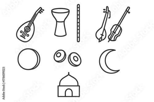 Middle Eastern Music Icons. Line style icons of Middle Eastern Music: Oud, Darbuka, Ney Flute, Rabab, Frame Drum, Finger Cymbals,