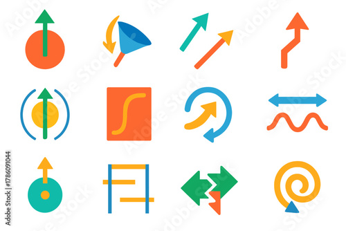Quantum Dynamics Icons. Flat vector icons of spin dynamics and magnetic behavior: spin up/down, precession arrow, magnetic moment,