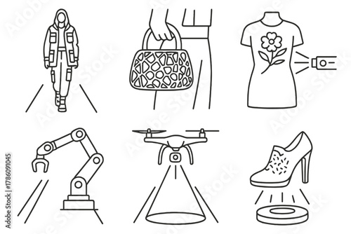 Futuristic Fashion Tech. Line style icons of fashion show tech: model walk with techwear, 3D-printed accessory close-up,