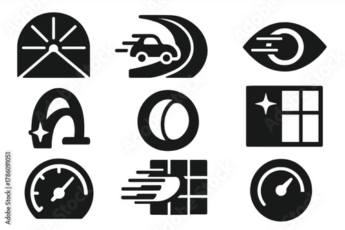 Light-Speed Illusion Icons. Solid style icons of light-speed perception art: beam tunnel illusion, time lag track, motion-delay