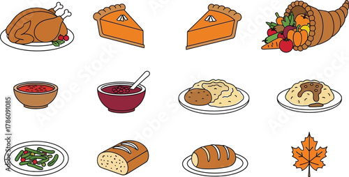 Thanksgiving dinner food set with turkey and pie