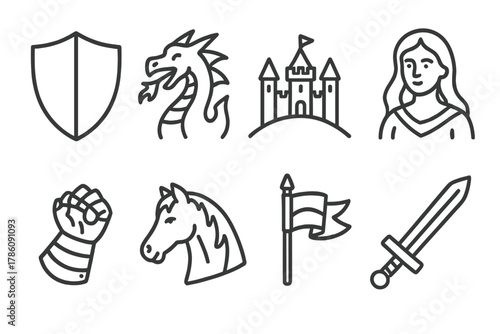 Knight's Quest Icons. Line style icons of Knight's Quest: Shield, Dragon, Distant Castle, Fair Maiden, Armor Gauntlet, Horse,