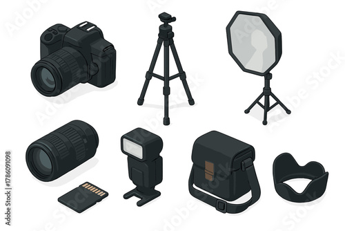 Photography Equipment Set. Isometric vector illustration set of Camera and Photography: DSLR camera, tripod stand, camera lens.