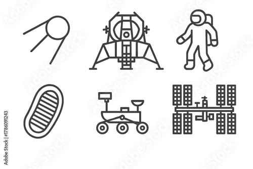 Space Exploration Icons. Line style icons of space exploration history in education: Sputnik satellite icon, Apollo lander, first