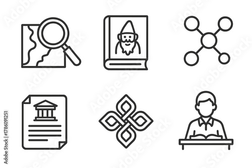 Origins Investigation Icons. Line style icons of Investigating Origins: magnifying glass over map, folklore book, connecting