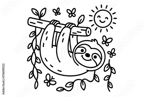 Whimsical Sloth Scene. Funny sloth hanging upside down from a tree branch with smiling sun, butterflies, and lianas, black and
