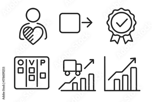 Value Delivery Icons. Line style icons of value delivery focus: customer value icon, deliver increment symbol, usable product