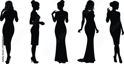 Fashion silhouettes, stylish women poses, elegant dress illustration, high heel figures, modern style, female models, body posture, design template, fashion art